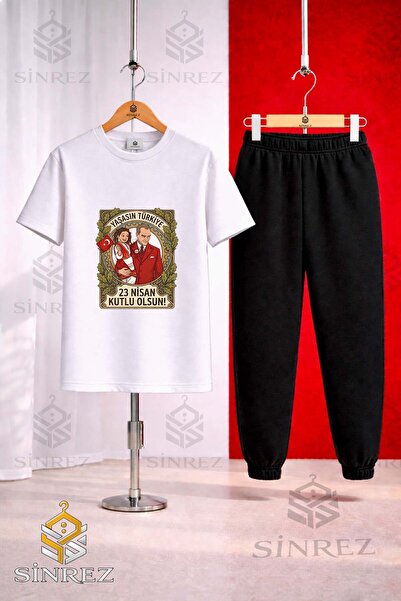 SİNREZ Children's Ata Kiz Cerceve 23 April Printed T-Shirt Sweatpants Set