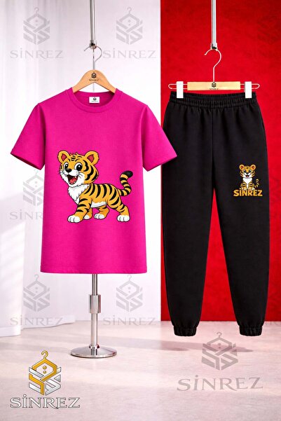 SİNREZ Children's Tiger Standing Printed T-Shirt Tracksuit Set