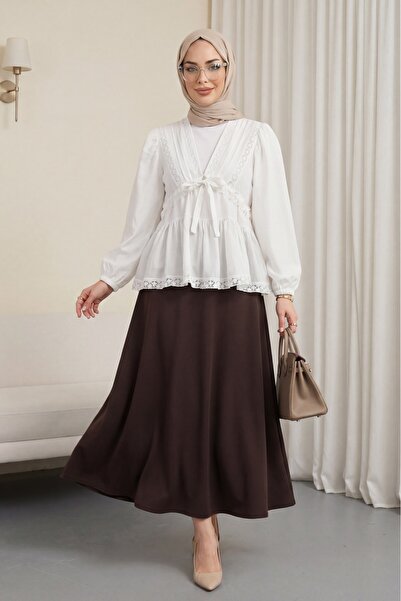 Modamorfo V-Neck Lace Detailed Balloon Sleeve Viscose Blouse -White