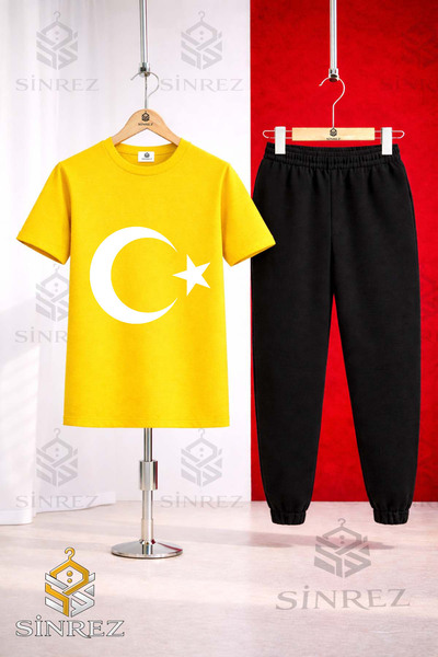 SİNREZ طقم بدلة رياضية للأطفال AY YILDIZ BEYAZ مطبوع تي شيرت