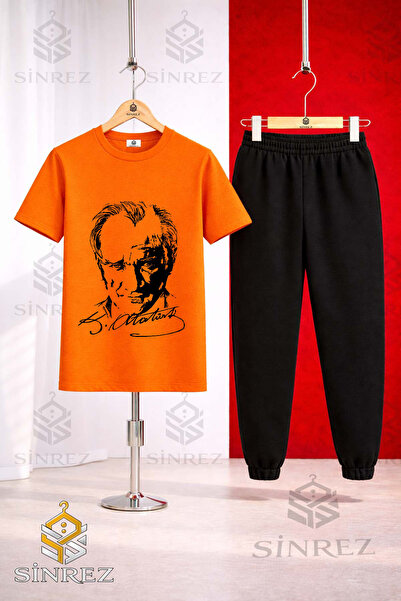 SİNREZ Children's Ataturk Signed Black Printed T-Shirt Tracksuit Set