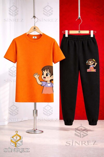 SİNREZ Children's Girls Left Side Printed T-Shirt Sweatpants Set