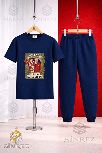 SİNREZ Children's Ata Kiz Cerceve 23 April Printed T-Shirt Sweatpants Set