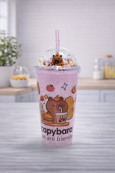 hediyeconcepti كوب كابيبارا منقوش للمشروبات الباردة مع غطاء شفاف وشفاطة، كوب ...