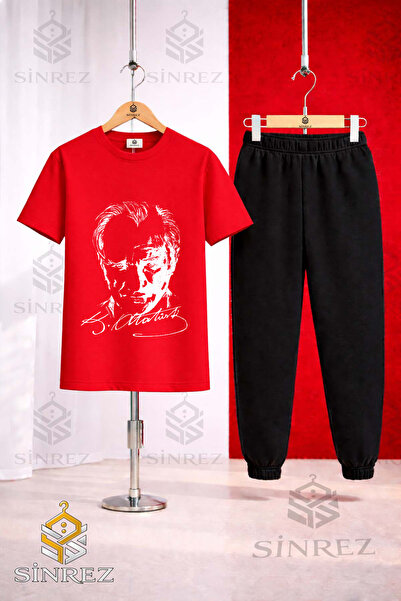 SİNREZ Children's Ataturk Signed White Printed T-Shirt Tracksuit Set