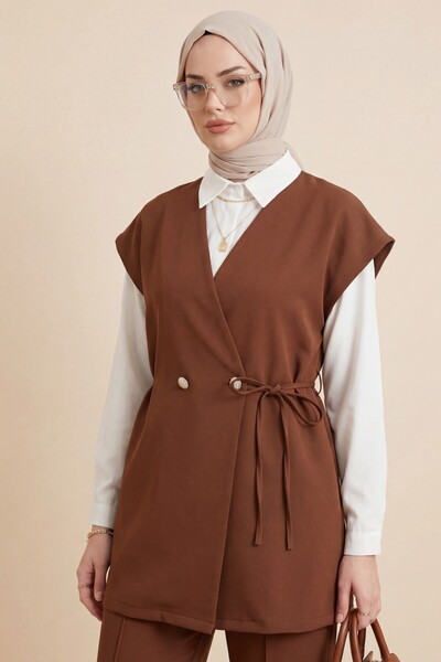 Modamorfo Button Detailed Double Lace-Up Vest Pants Double Crepe Set - Tan