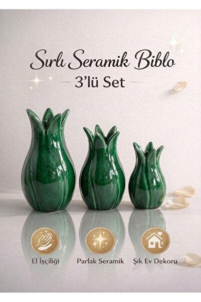 Velorahomee 3'lü Sırlı Seramik Lale Biblo Seti - Modern Yeşil Ev Dekoru - Kon...