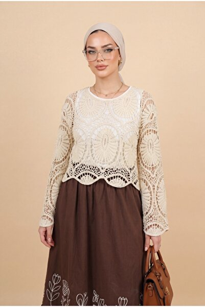 Modamorfo Lace Knitted Knitwear Blouse -Ecru