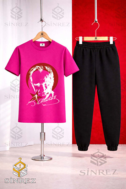 SİNREZ Children's Ataturk Red Moon Star White Printed T-Shirt Sweatpants Set
