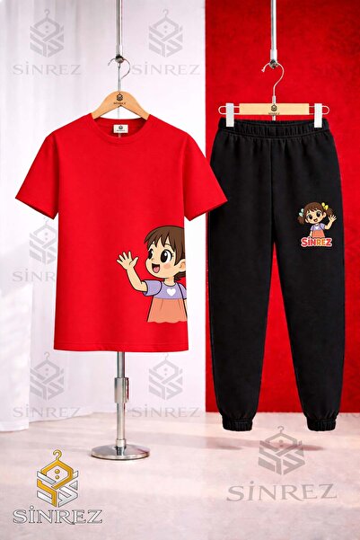 SİNREZ Children's Girls Left Side Printed T-Shirt Sweatpants Set