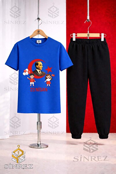 SİNREZ Children's Ata Hilal 2Li Cocuk 23 April Printed T-Shirt Sweatpants Set