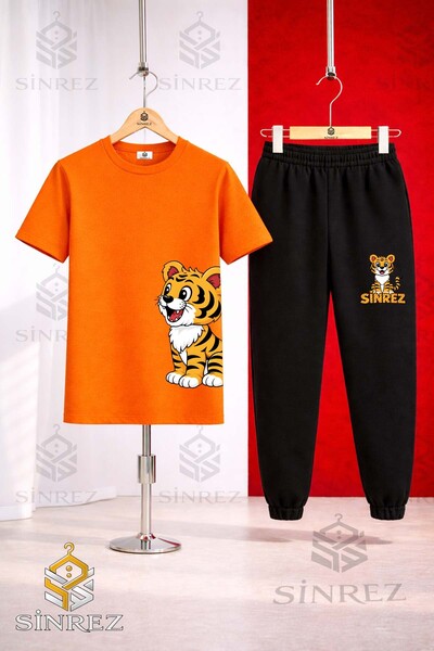 SİNREZ Children's Tiger Left Side Printed T-Shirt Tracksuit Set