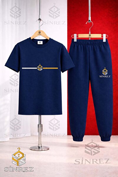 SİNREZ Children's Logo Yan Tek Cizgi Printed T-Shirt Tracksuit Set