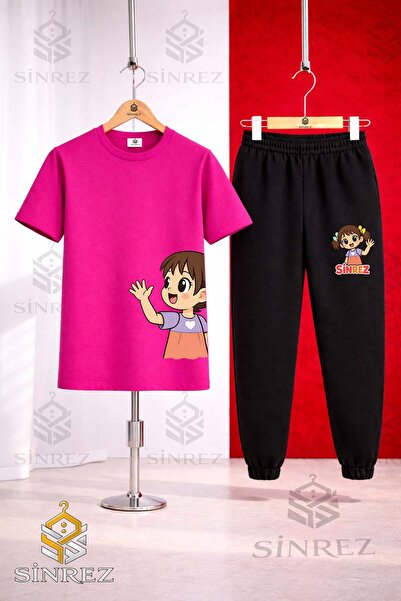 SİNREZ Set de trening pentru fete, cu tricou imprimat pe stânga