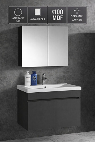 Multi Series 55 cm Antrasit Gri Mat Mdf Banyo Dolabı Takımı - Aynalı Seramik ...