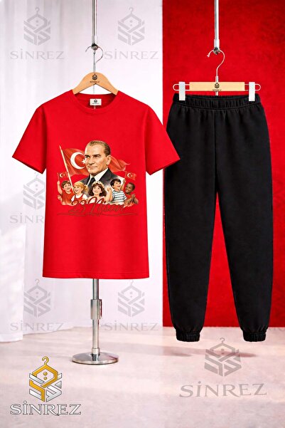 SİNREZ Children's Ata and Multiple Children 23 April Printed T-Shirt Sweatpan...
