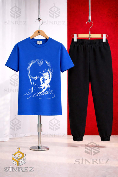 SİNREZ Children's Ataturk Signed White Printed T-Shirt Tracksuit Set