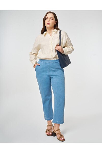 Kayra Elastic Waist Washable Denim Pants Blue