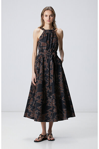 Network Siyah Kahverengi Desenli Midi Elbise