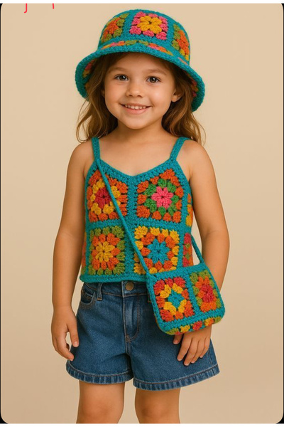 MEGA Megahan yazlık el örgü kız çocuk motıflı şapka bustıyer çanta takım