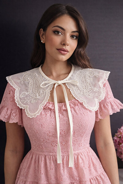 CROCUS DESIGN Şal desen tül beyaz geniş yaka