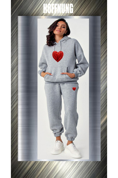 HOFFNUNG Unisex Casual Tracksuit Set Red Heart Outdoor Full Hoodie