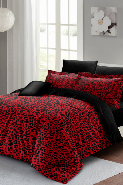 MonoHome King Size 100% Cotton Satin Double Duvet Cover Set Red Leopard 220X2...