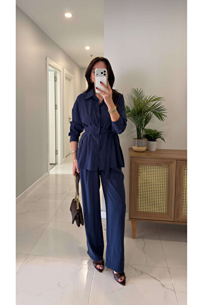 BİRCANÇİL Turno Navy Blue Asymmetrical Cut Belt Piece Shirt and Trousers Set