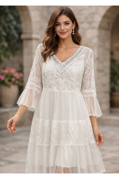 lare İTALYAN BEYAZ TÜL VE İPEK KARIŞIMI ELBİSE