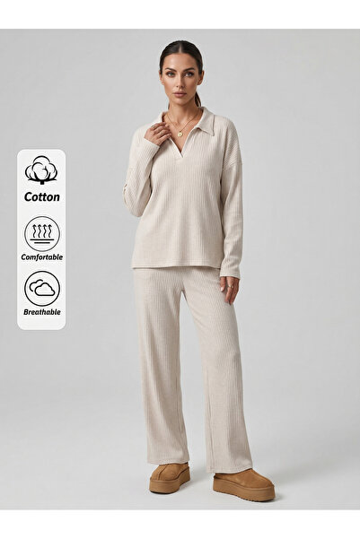 TALY Set of 2 - Sharded Interlock Polo Neck Blouse with Pants Set