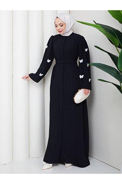 Kolları Kelebek Detaylı Kuşaklı Siyah Tesettür Abaya