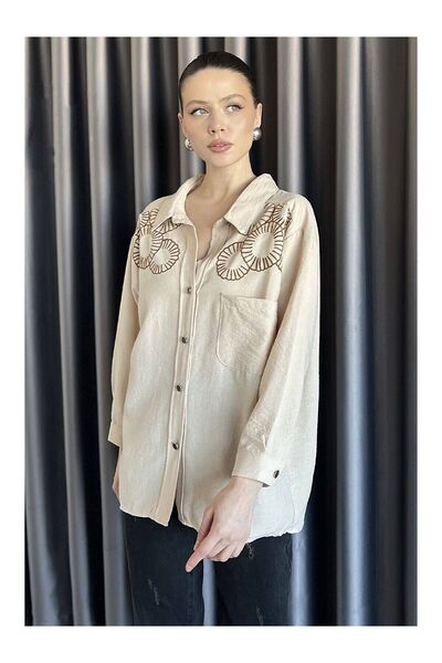 TALY BOL KESİM OVERSİZE GÜNEŞ İŞLEMELİ KETEN GÖMLEK