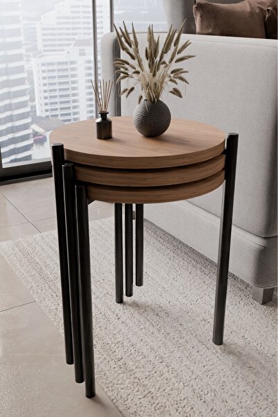 BNK Modüler 3’lü Zigon Sehpa Seti Siyah Metal Ayaklı Yuvarlak Zigon Sehpa,Yan...