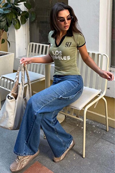 Madmext Mint Green Printed Polo Collar Slim Fit Women's T-Shirt Mg2689