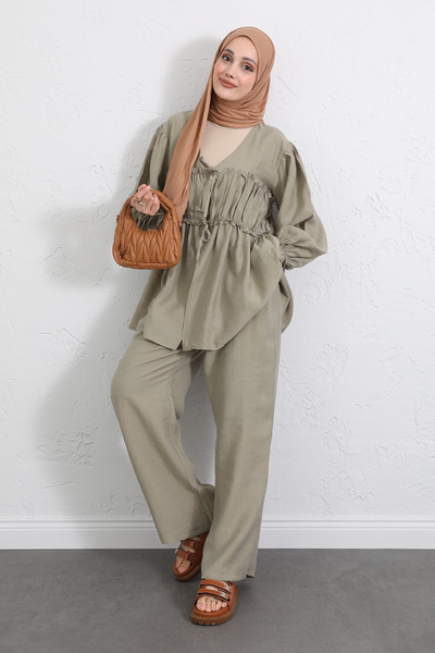 Salih Çelebi Front Ruched Kimono Set Y0102 - Haki̇