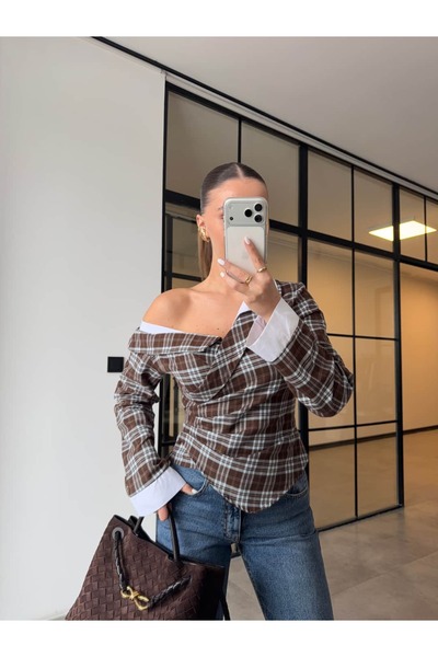 BB Bensu Buyruk ΕΞΩΤΕΡΙΚΟ ΠΟΥΚΑΜΙΣΟ βάτα LI Καρό ΚΑΦΕ-ΜΠΛΕ