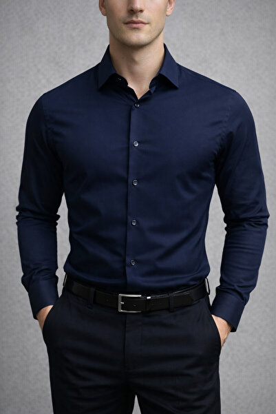 cathe cat Slim Fit Long Sleeve Easy Iron Cotton Satin Men's Shirt