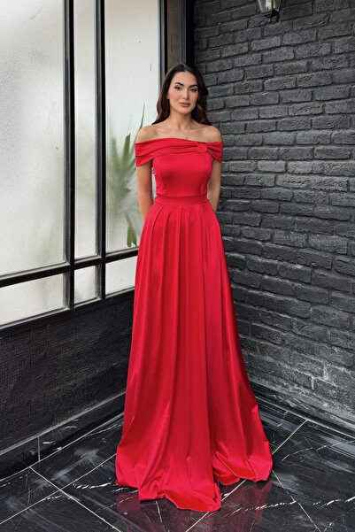 Sindimoda Nazen Boat Neck Satin Evening Dress