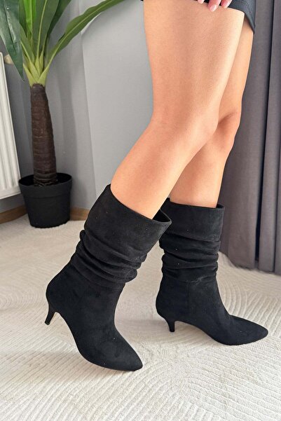 Preshley Дамски ботуши Donna от черен велур с гънки, заострена предна част и ...