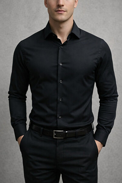 cathe cat Slim Fit Long Sleeve Easy Iron Cotton Satin Men's Shirt