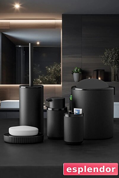 esplendor طقم حمام دائري أسود مخطط مكون من 5 قطع، فرشاة سلة المهملات، وعاء ال...