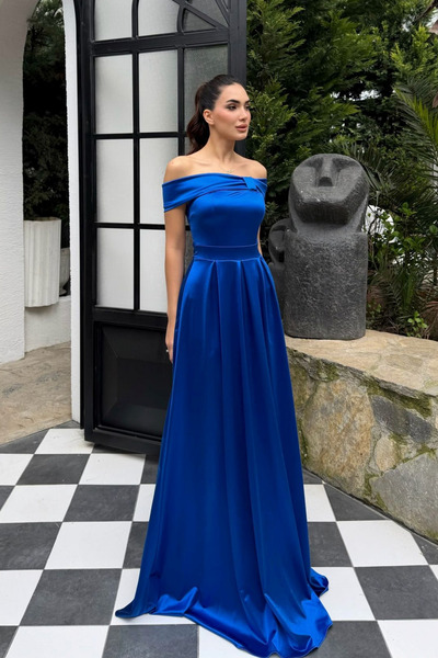 Sindimoda Nazen Boat Neck Satin Evening Dress