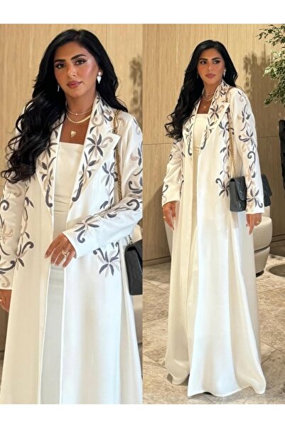 Noon Noora Stylish and exquisite pure white embroidered open-front long Abaya...