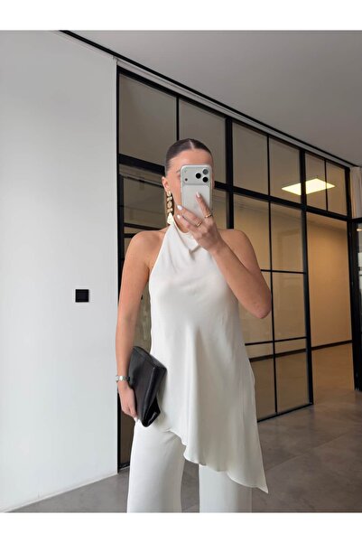 BB Bensu Buyruk Asymmetric Satin Blouse and Pants Set Ecru