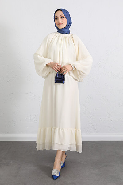 Salih Çelebi Ruffled Chiffon Set 2538 - Ecru