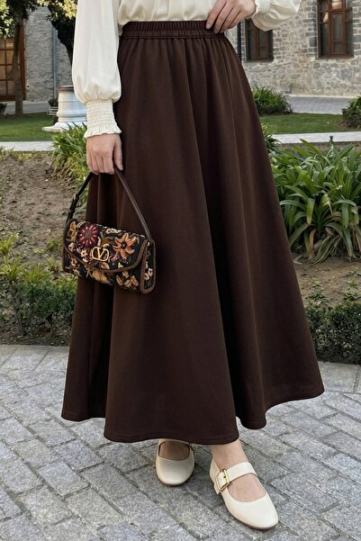InStyle Fusta lungă cloș cu buzunare maro din țesătură dublă