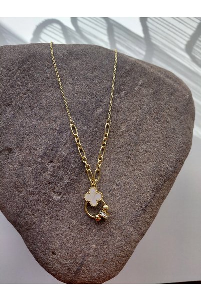 lavante butik kendini özel hisset Steel Pearlescent Clover Luck Steel Necklace
