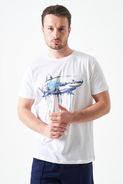 TENA Tricou pentru bărbați Ecru guler rotund Shark cu imprimeu