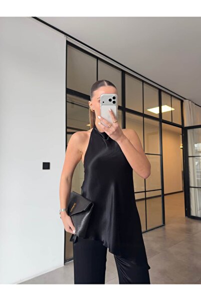 BB Bensu Buyruk Asymmetric Satin Blouse and Pants Suit Black