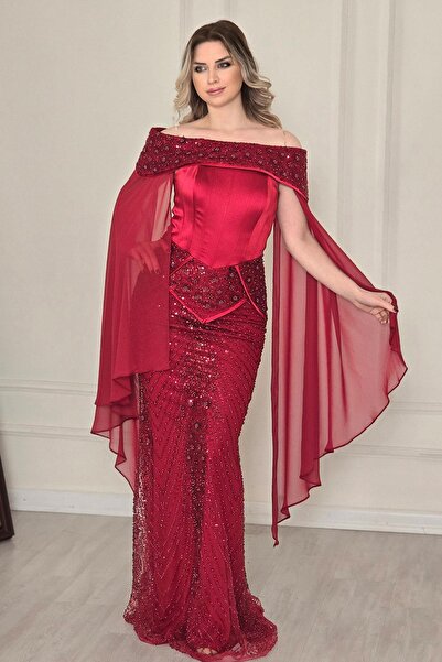 Yonca Moda Evi Bordo Madonna Yaka Abiye 6395
